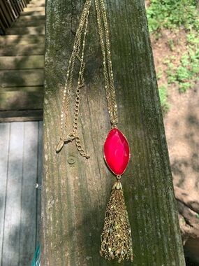 NWOT Style & Co. Gold-Tone Necklace w/ Magenta Faceted Pendant and Chain Tassel